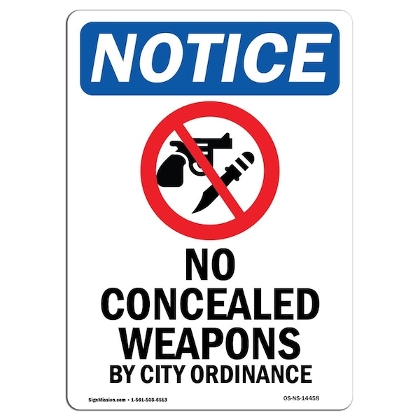 Sign, 5" H, 3.5" W, No Concealed Weapons Sign, Portrait, NS-D-35-V-14458-10PK